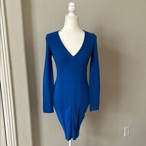 Versace Royal Blue Ribbed V-Neck Midi Dress